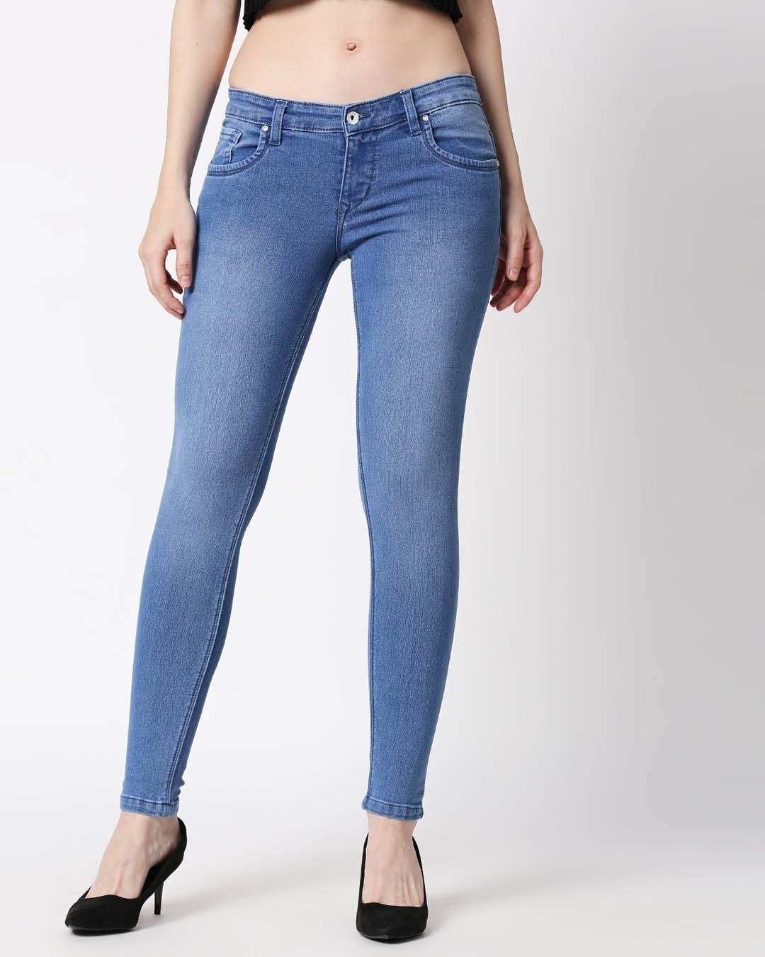 Shop Women's Blue Washed Slim Fit Mid Waist Jeans-Front
