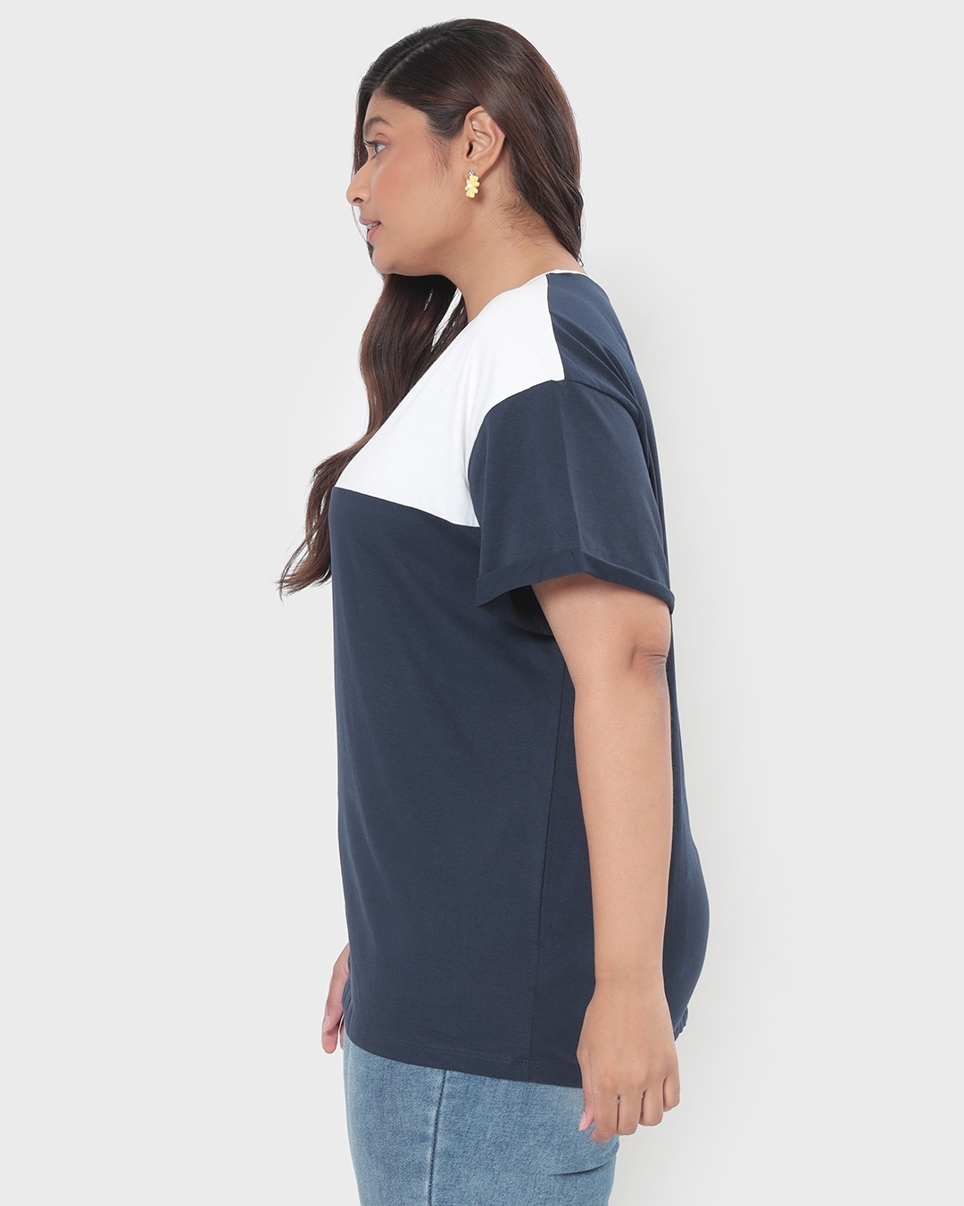 Shop Women's Blue & White Color Block Plus Size Oversized Fit Boyfriend T-shirt-Back