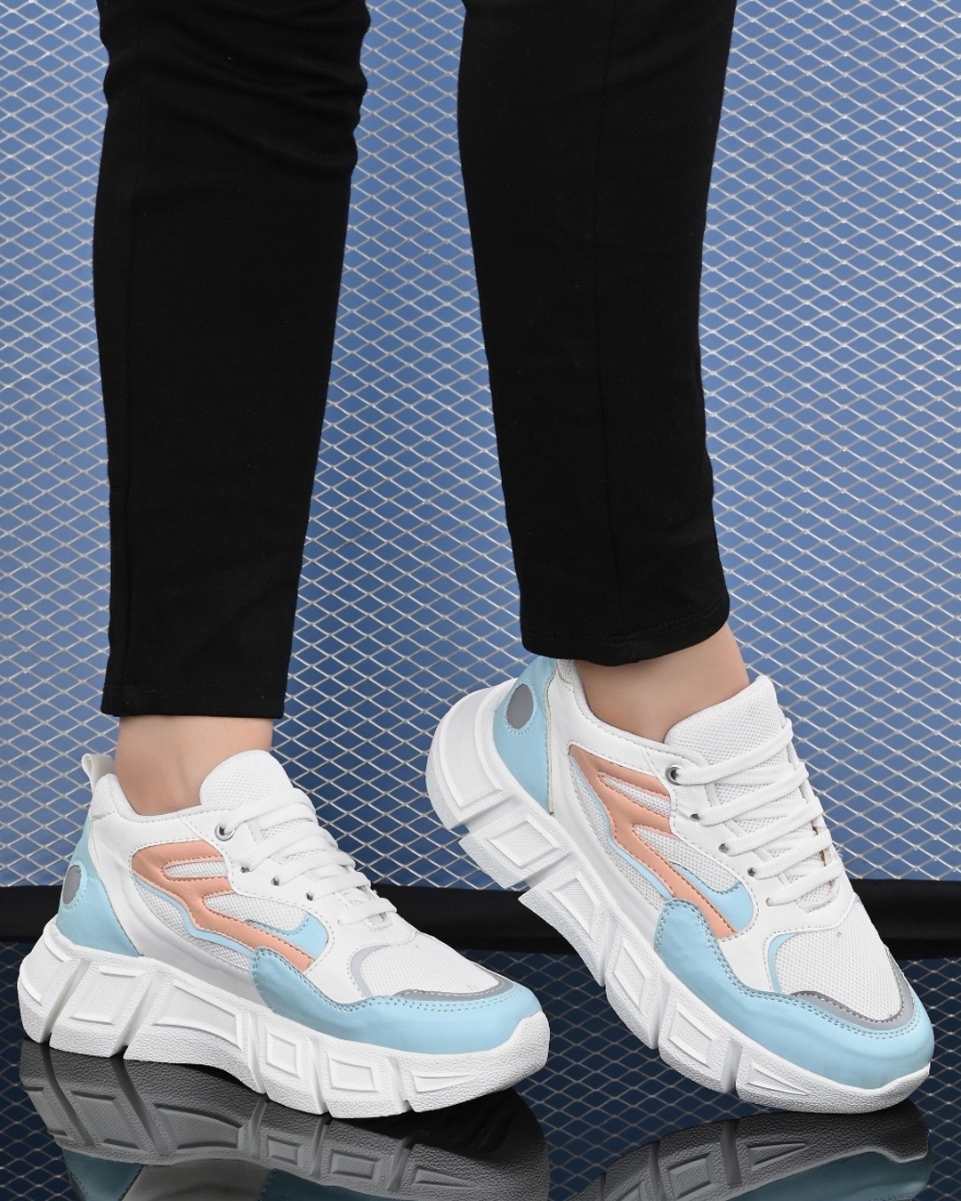 Women's Blue & White Color Block Sneakers