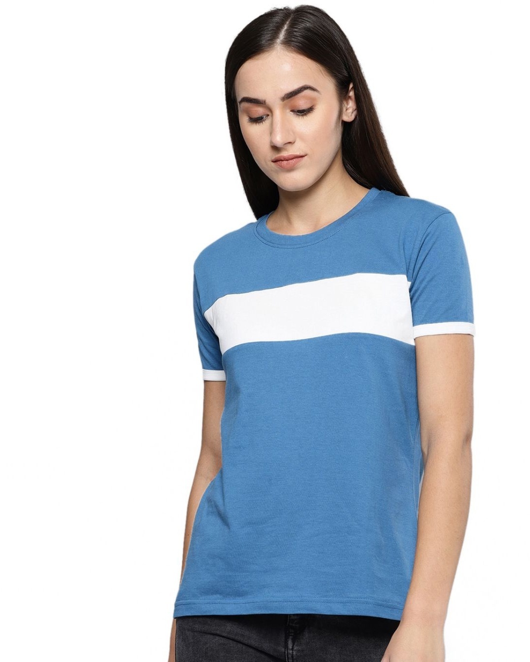 Shop Women's Blue & White Colourblocked T-shirt-Front