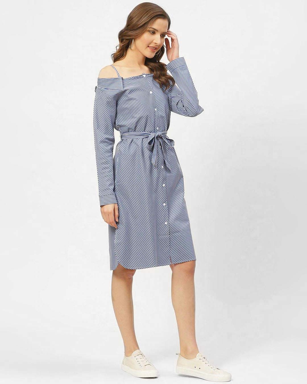 Shop Women's Blue & White Striped A Line Shirt Dress-Full