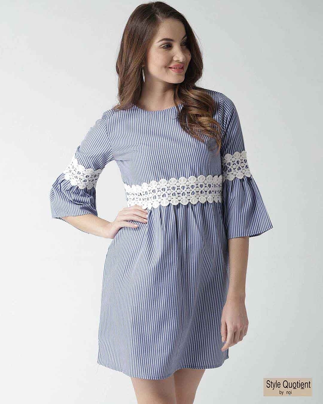 Shop Women's Blue & White Striped Empire Dress-Front
