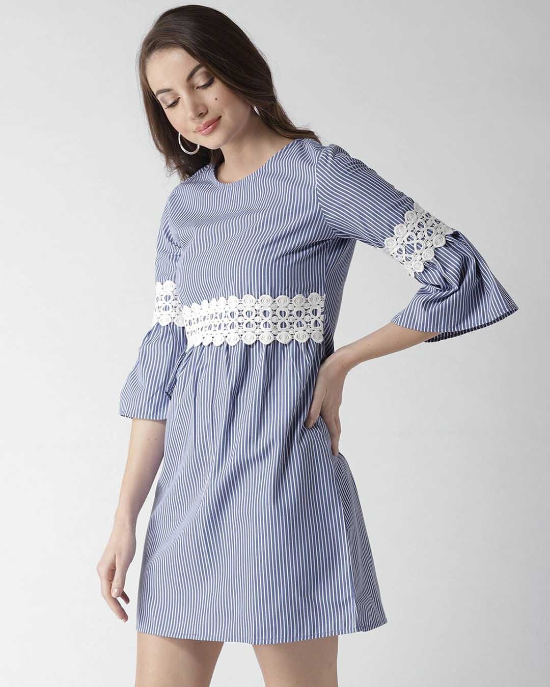 Shop Women's Blue & White Striped Empire Dress-Back