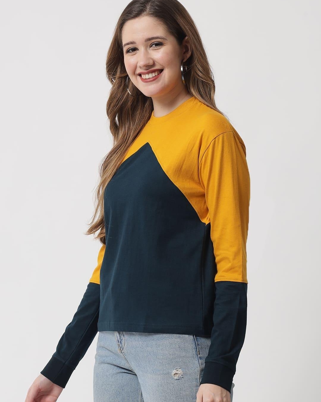 Shop Women's Blue & Yellow Color Block T-shirt-Back
