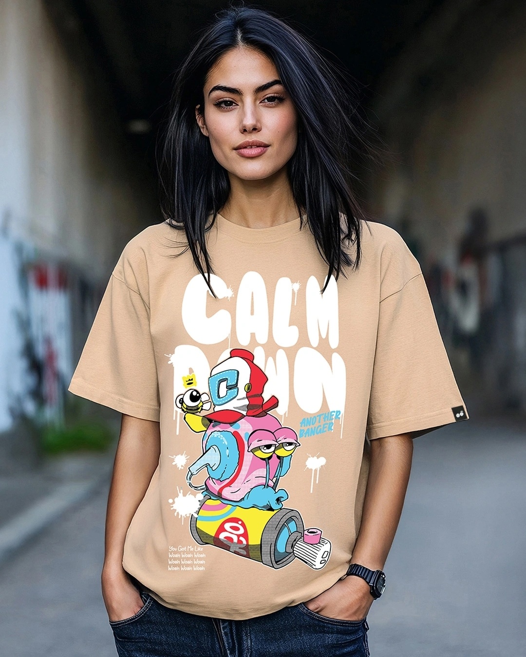 Women's Brown Calm Down Graphic Printed Oversized T-shirt