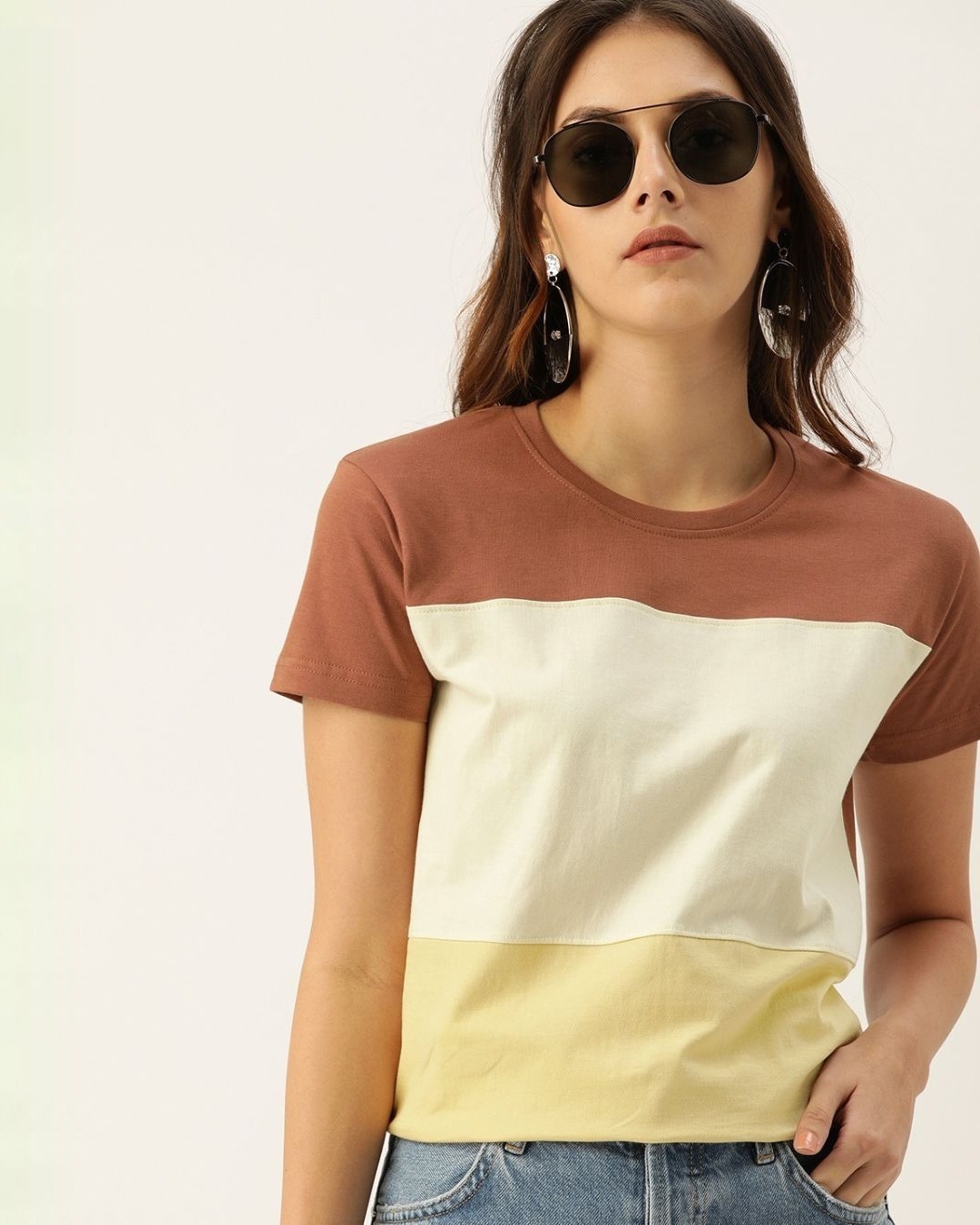 Shop Women's Brown Colourblocked T-shirt-Front