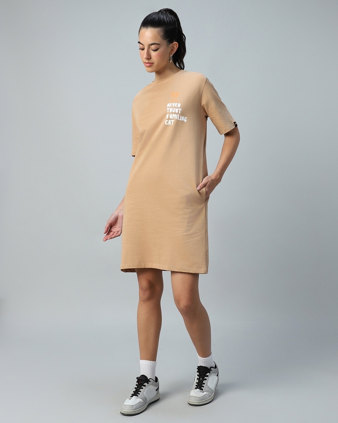 Women's Brown More Graphic Printed Oversized T-shirt Dress
