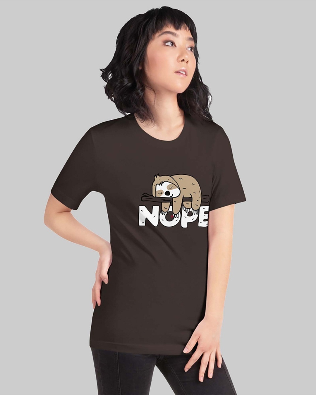 Shop Women's Brown Nope Sloth Typography Loose Fit T-shirt-Back