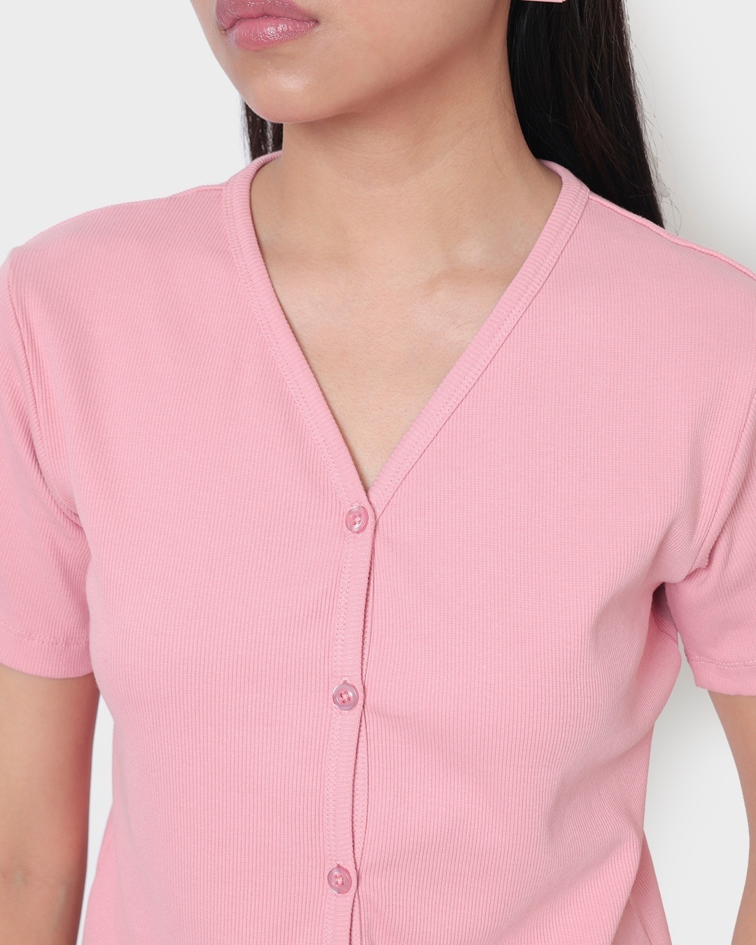 Shop Women's Cheeky Pink Button Up Rib Slim Fit Short Top