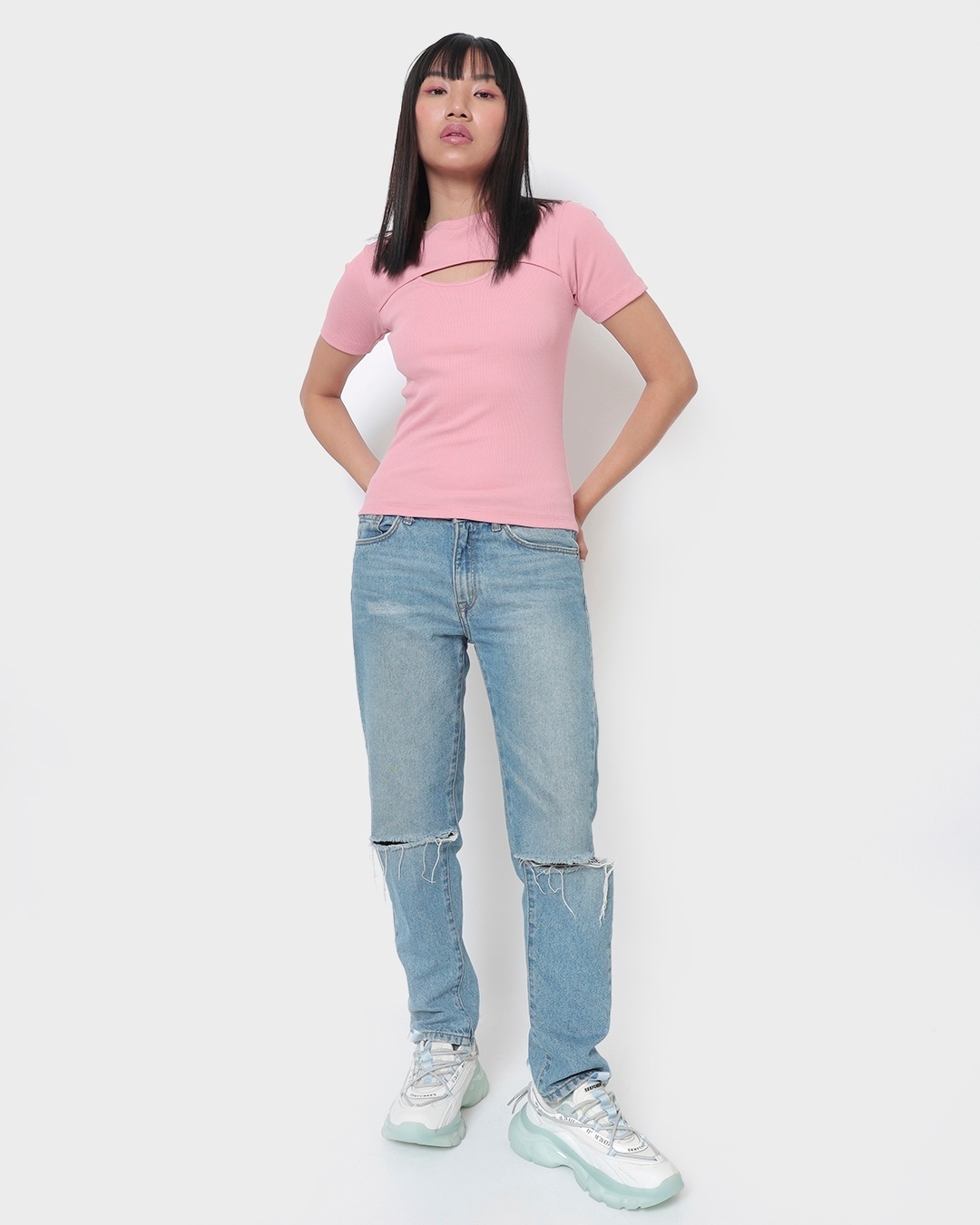 Shop Women's Cheeky Pink Keyhole Ribbed Slim Fit Short Top