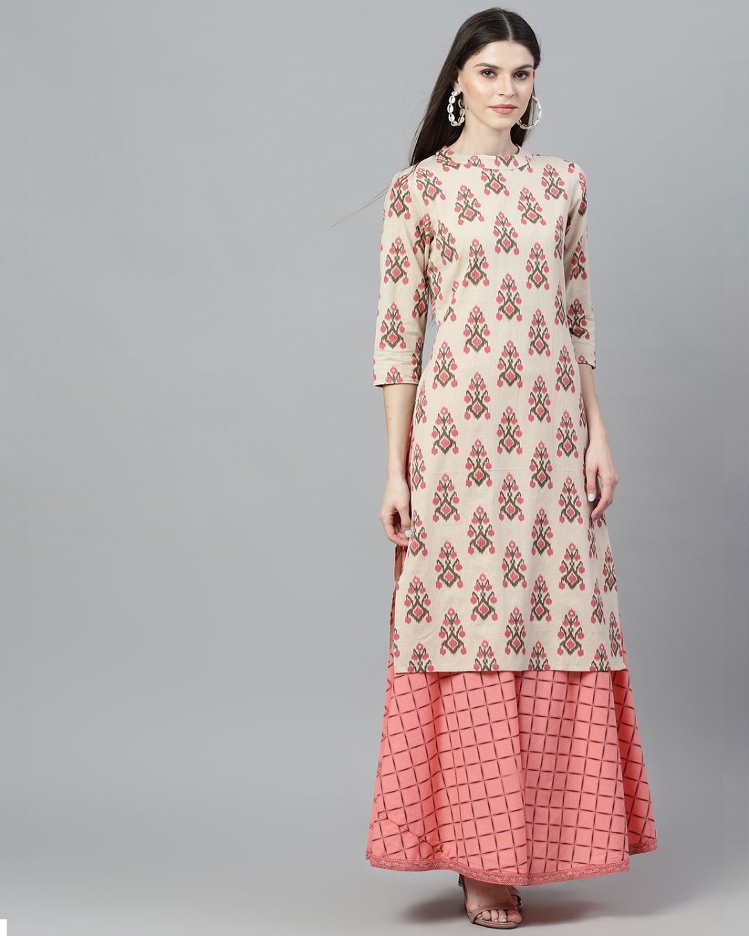 Shop Women's Cream & Pink Ikat Printed Kurta With Skirt Set-Full