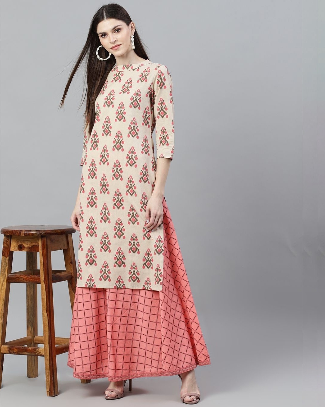 Shop Women's Cream & Pink Ikat Printed Kurta With Skirt Set