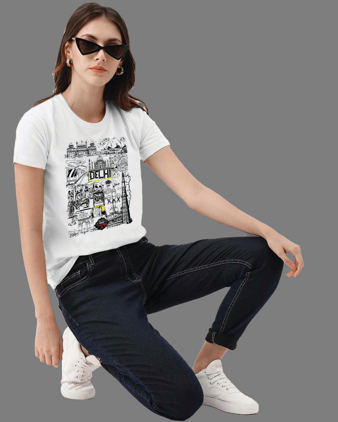 Shop Women's Delhi Travel Doodle Premium Cotton T-shirt