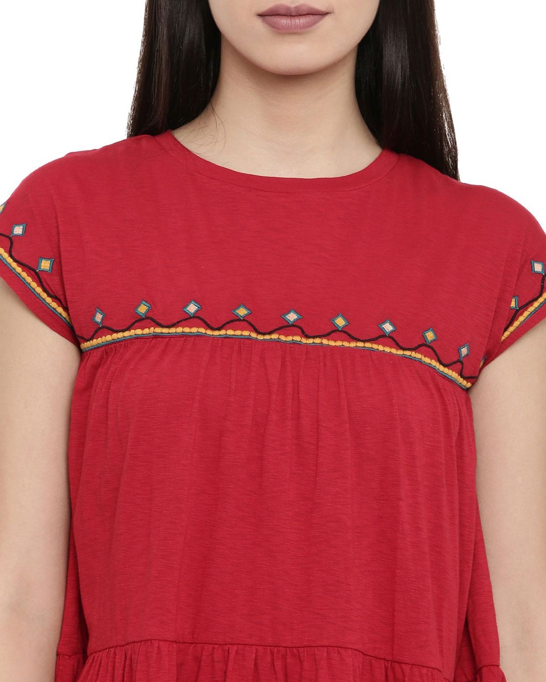 Shop Women's Embroidered Tiered Red Top-Full