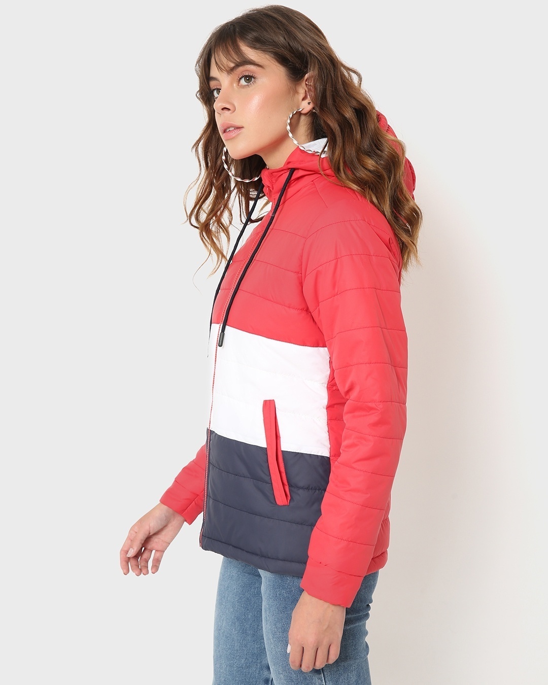Shop Women's Fashion Color Block Winter Puffer Jacket-Back