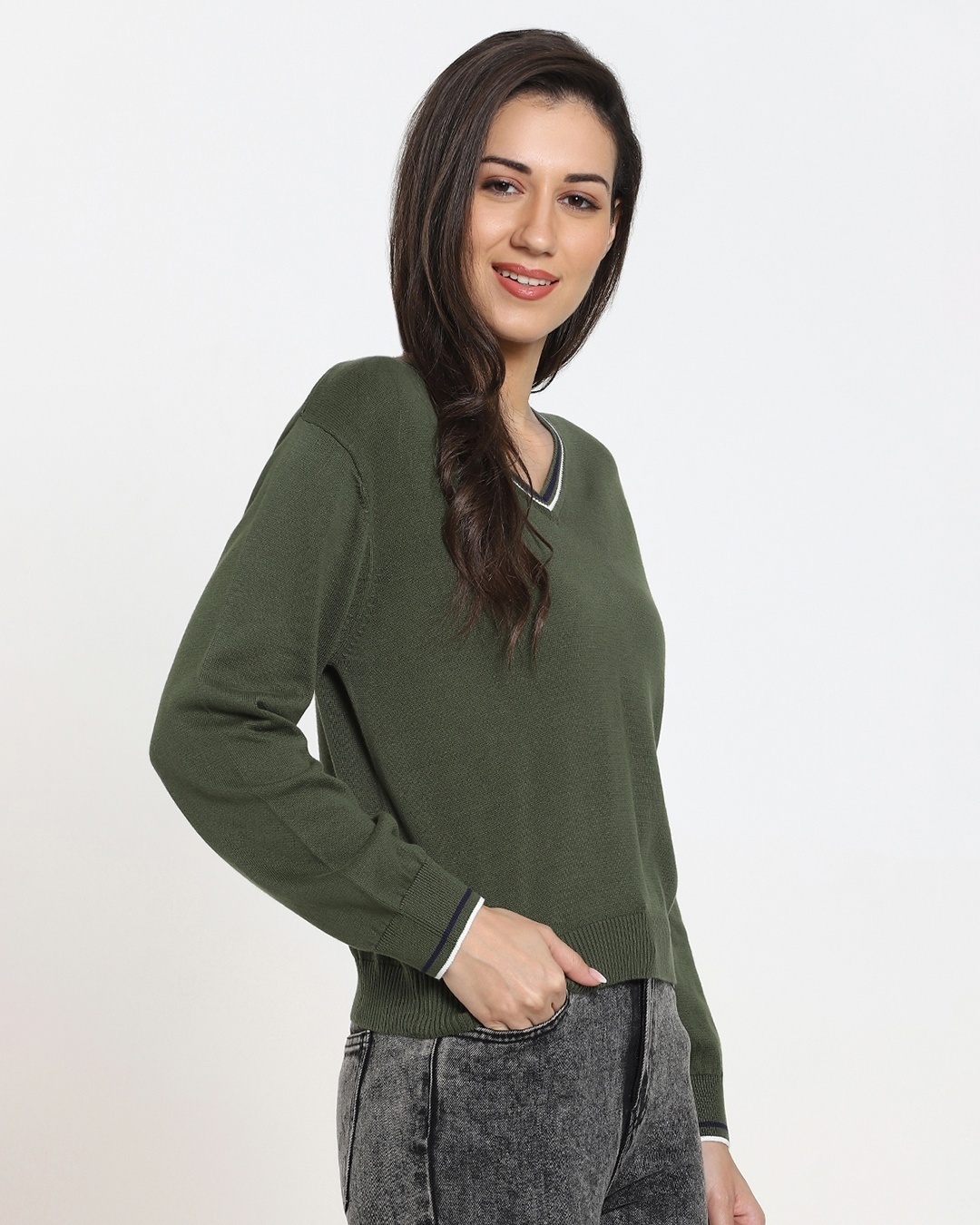 Shop Women's Flat Knit Olive Sweater-Back