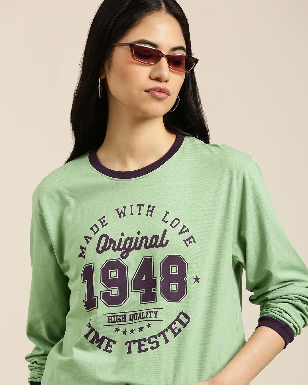 Shop Women's Green 1948 Typography Oversized T-shirt-Front