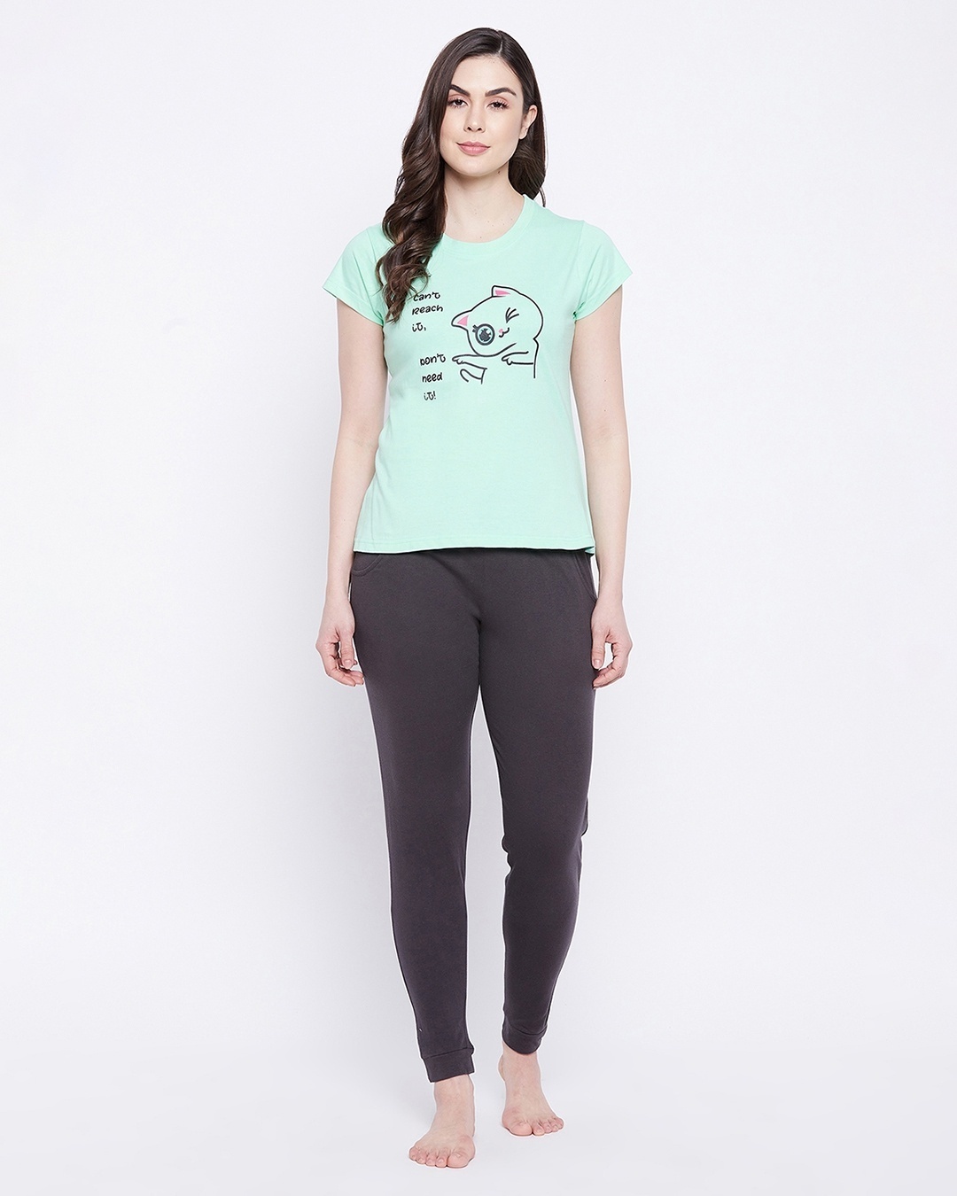 Shop Women's Green & Black Cute Kitty Quote Graphic Printed Cotton T-shirt & Joggers Set-Front