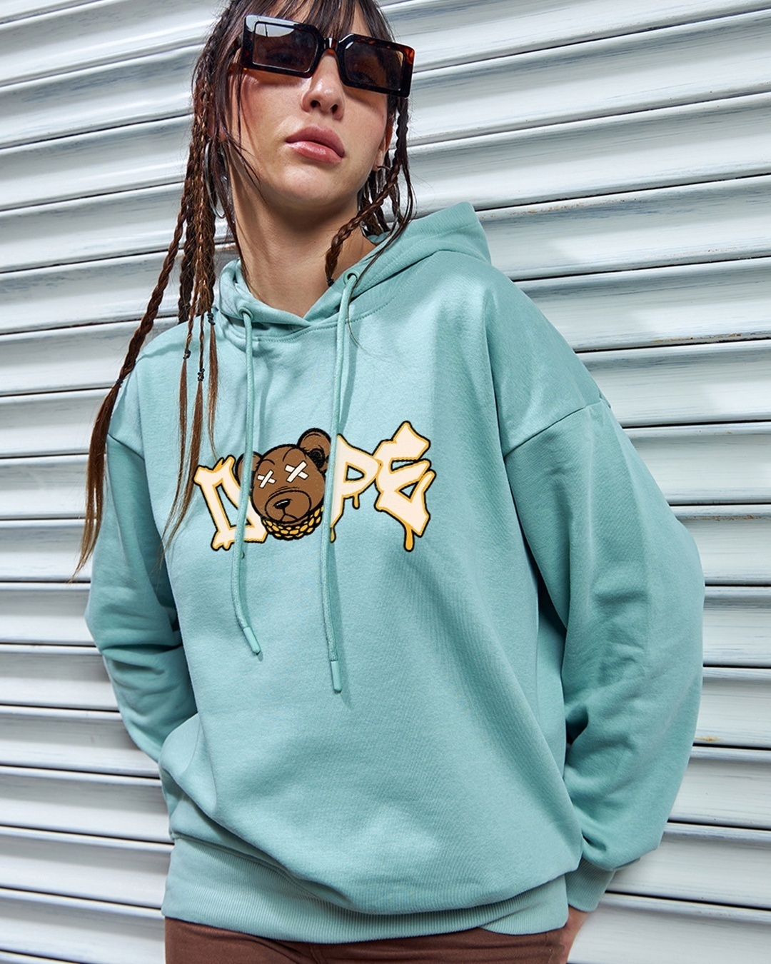 Women's Cyan Dope Bear Graphic Printed Oversized Hoodies