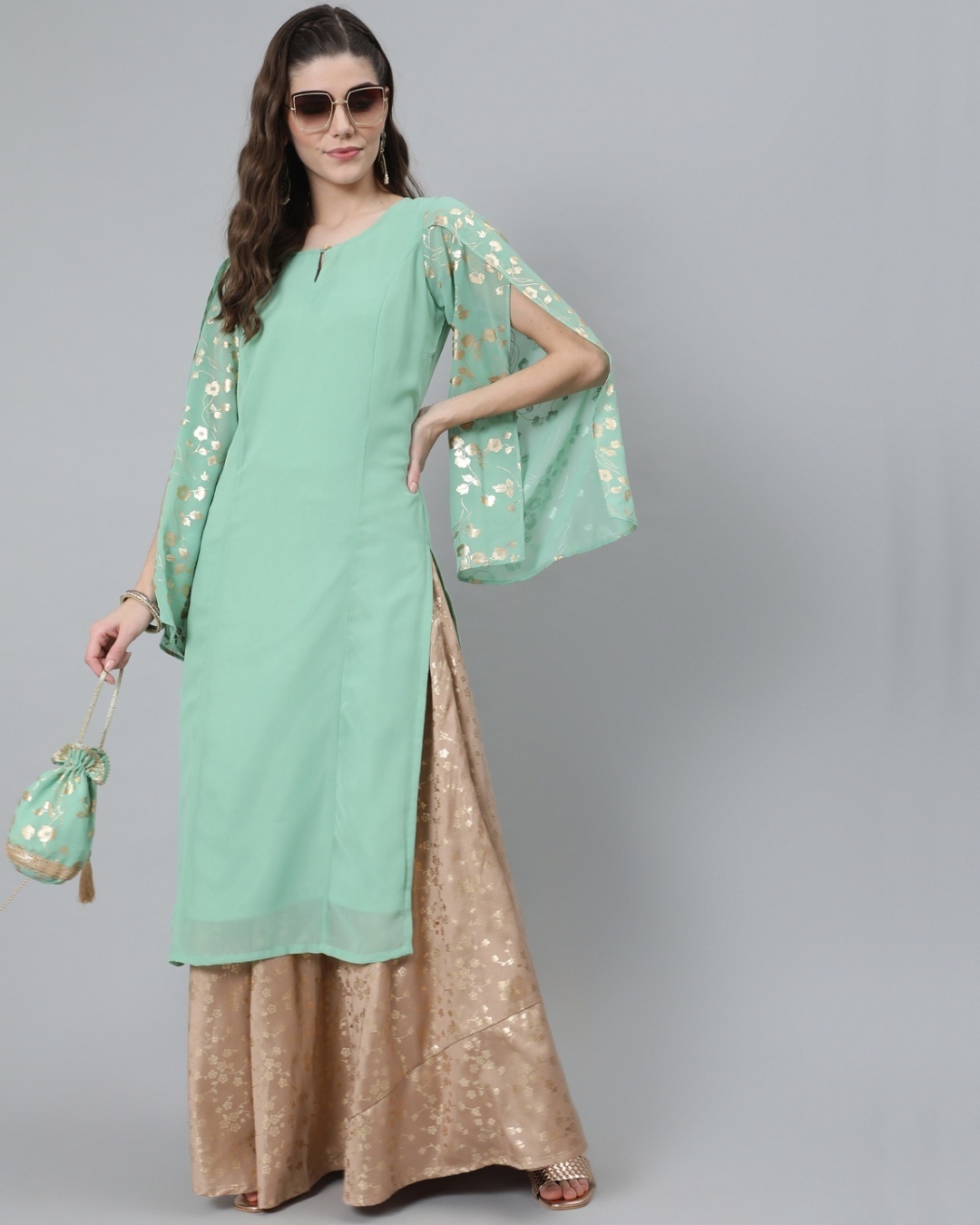 Shop Women's Green Gold Foil Printed Kurta with Open Flared Sleeve and Potli bag