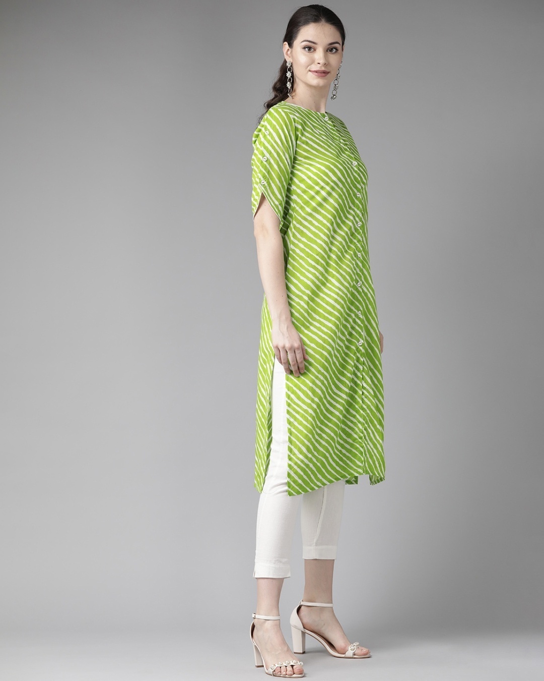 Buy Women's Green Leheriya Printed Button Down Straight Kurta for Women ...