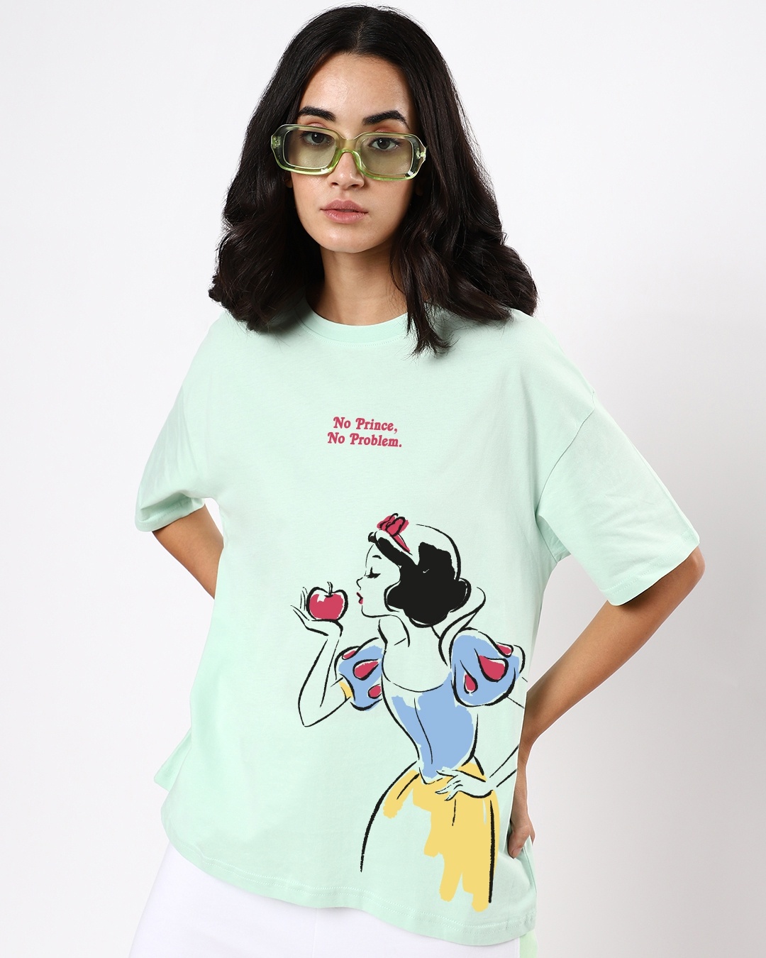 Shop Women's Green No Prince, No Problem Graphic Printed Oversized T-shirt-Front