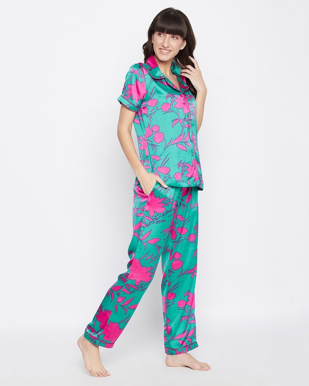 Shop Women's Green & Pink All Over Floral Printed Nightsuit-Back