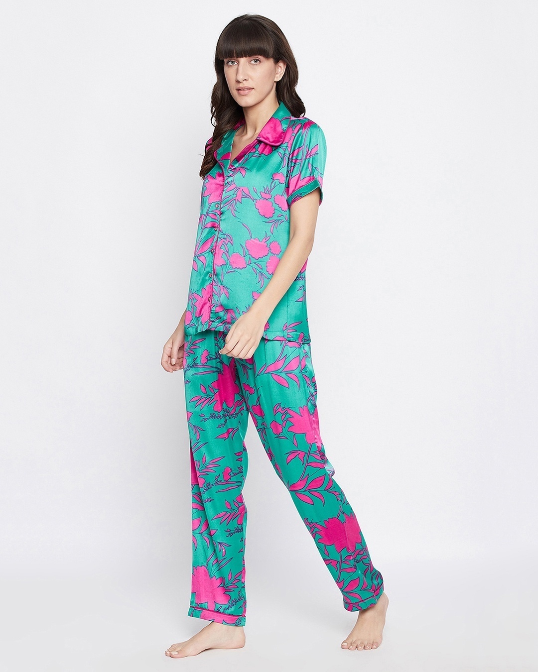 Shop Women's Green & Pink All Over Floral Printed Nightsuit-Full