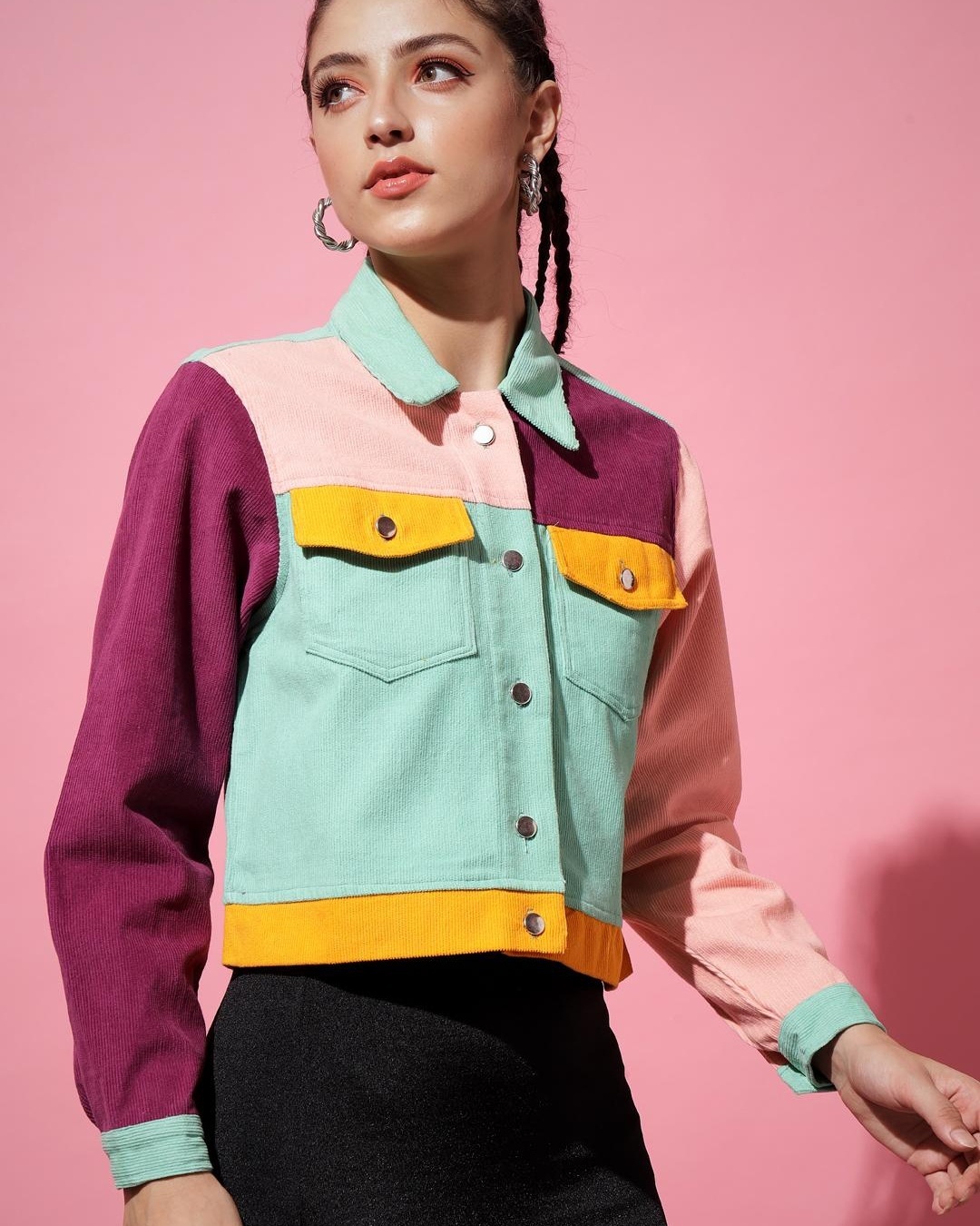 Shop Women's Green & Purple Color Block Crop Jacket-Back