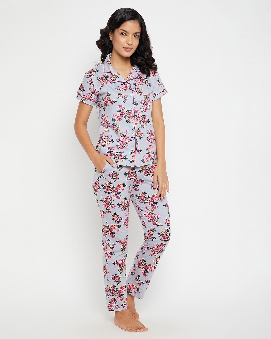Shop Women's Grey All Over Floral Printed Cotton Shirt & Pyjamas Set-Back