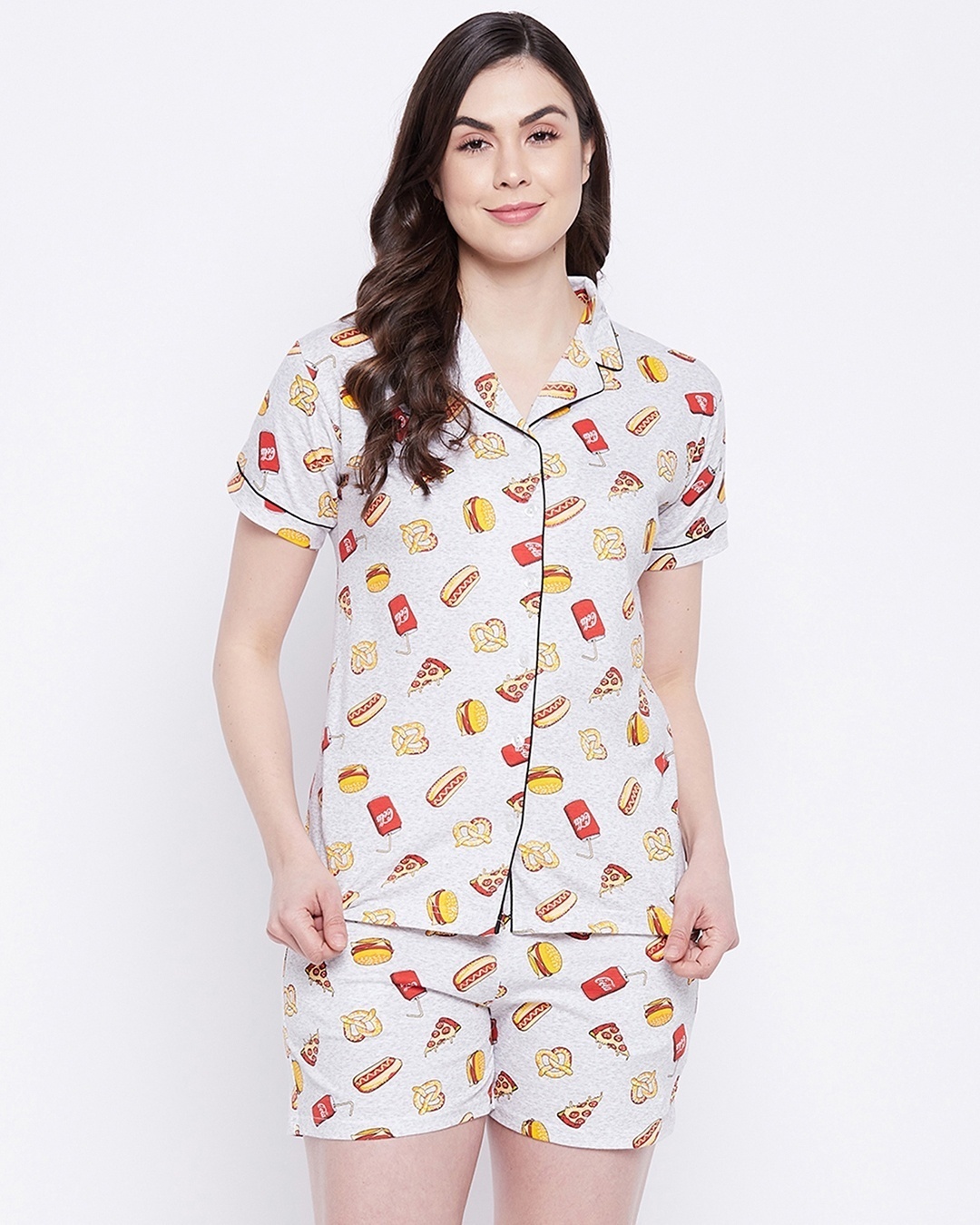 Shop Women's Grey All Over Pizza & Burger Printed Nightsuit-Front
