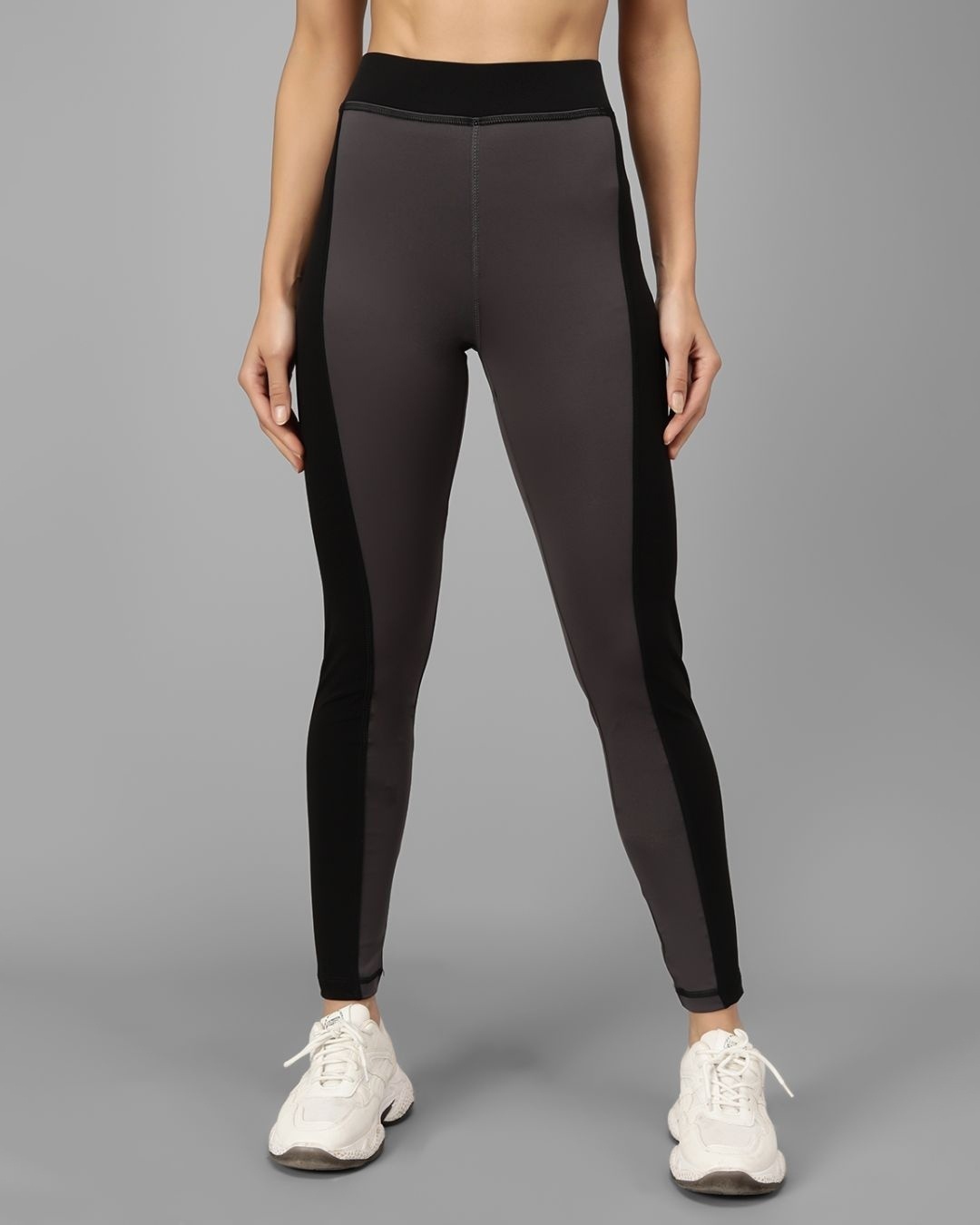 Shop Women's Grey & Black Color Block Skinny Fit Tights-Front