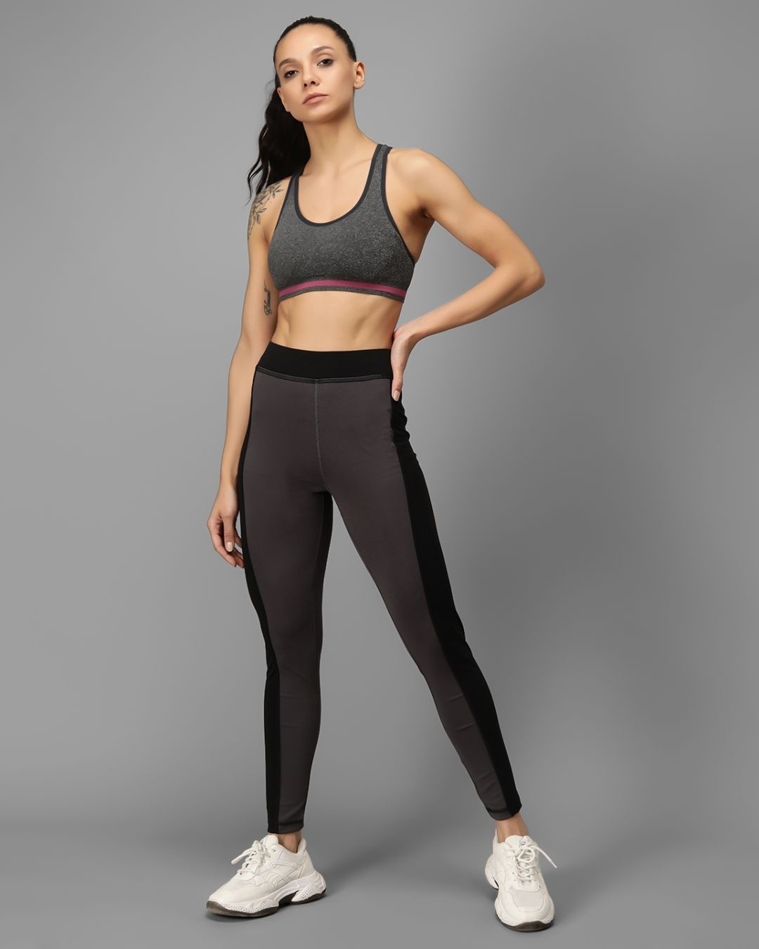 Shop Women's Grey & Black Color Block Skinny Fit Tights-Full