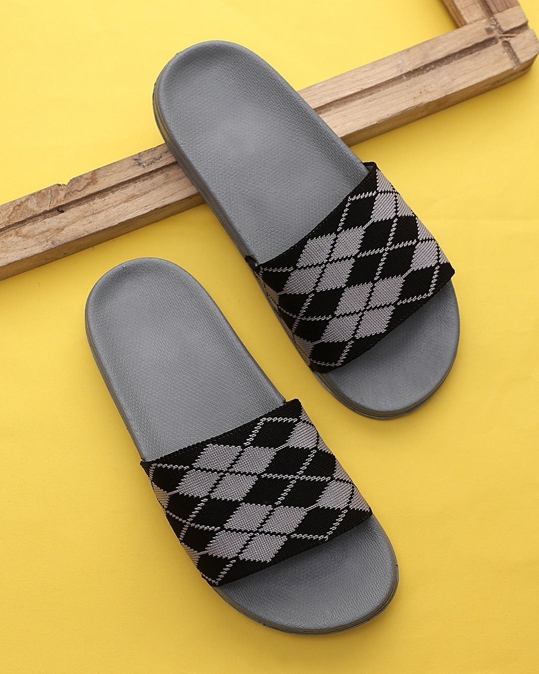 Shop Women's Grey & Black Printed Sliders-Front