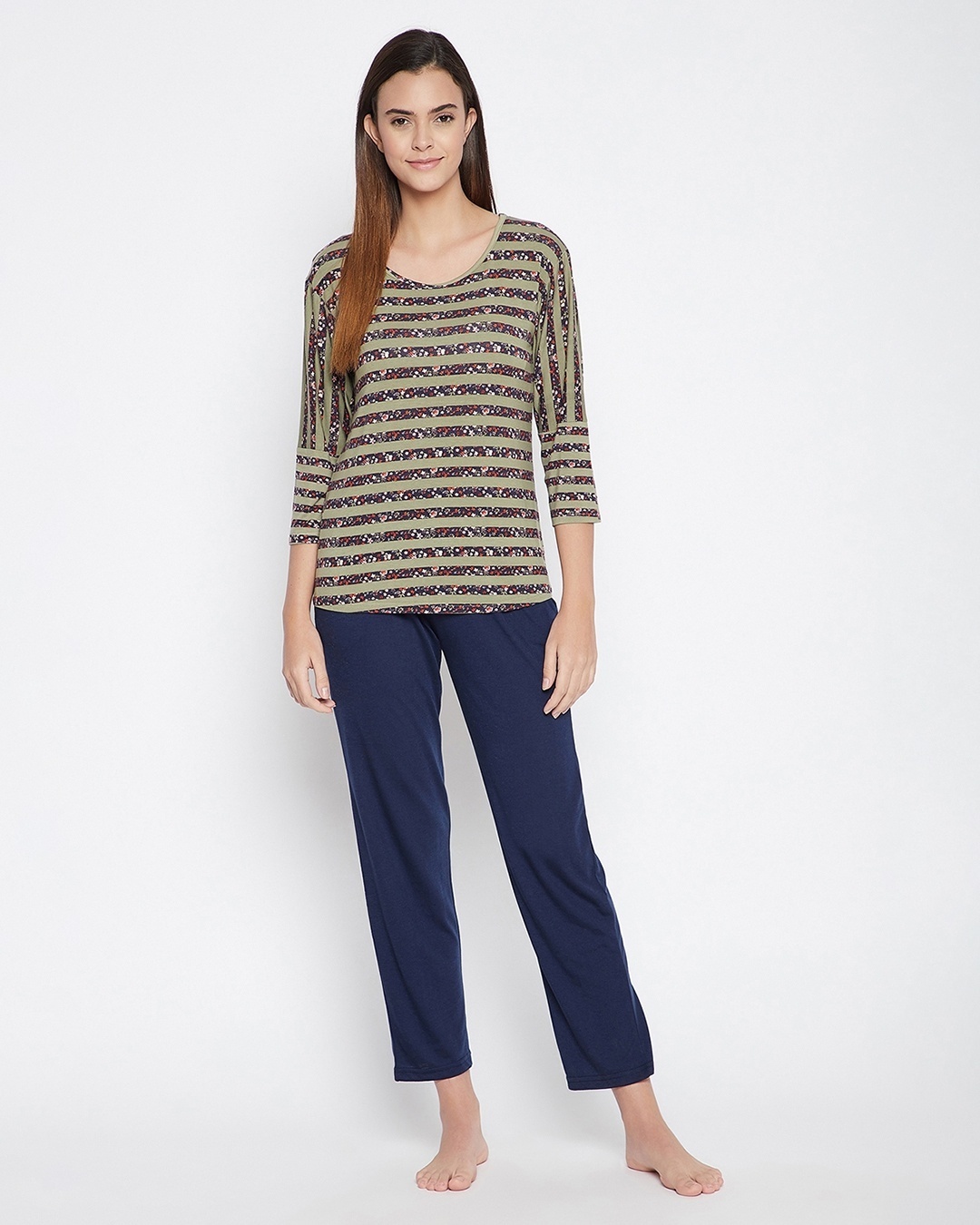 Shop Women's Grey & Blue Striped Top & Pyjamas Set-Front
