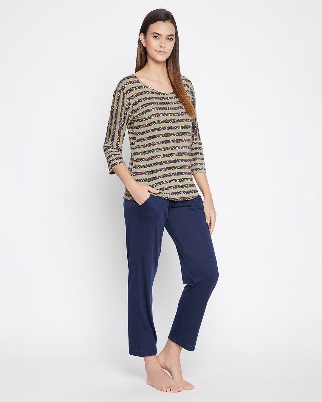 Shop Women's Grey & Blue Striped Top & Pyjamas Set-Back