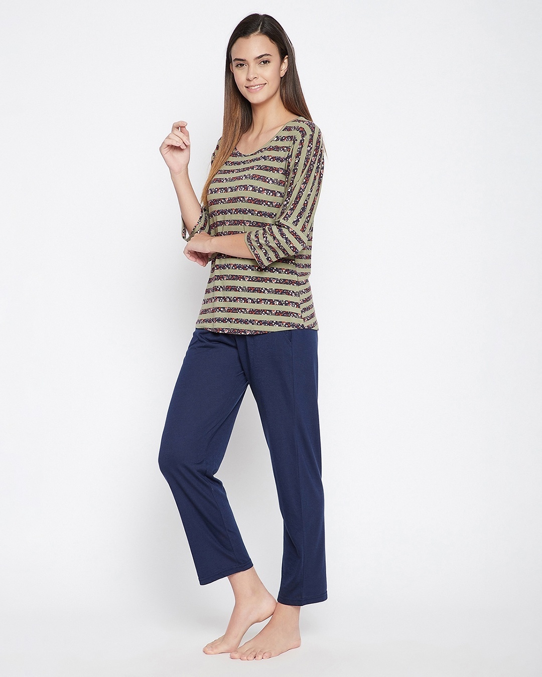 Shop Women's Grey & Blue Striped Top & Pyjamas Set-Full