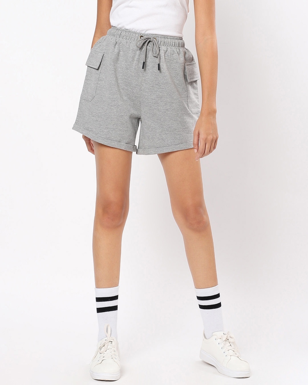 Shop Women's Grey Cargo Pocket Roll Up Shorts-Front