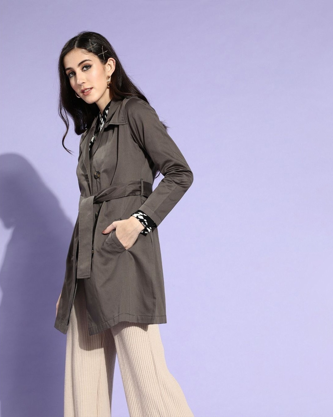 Shop Women's Grey Cotton Trench Coat-Front
