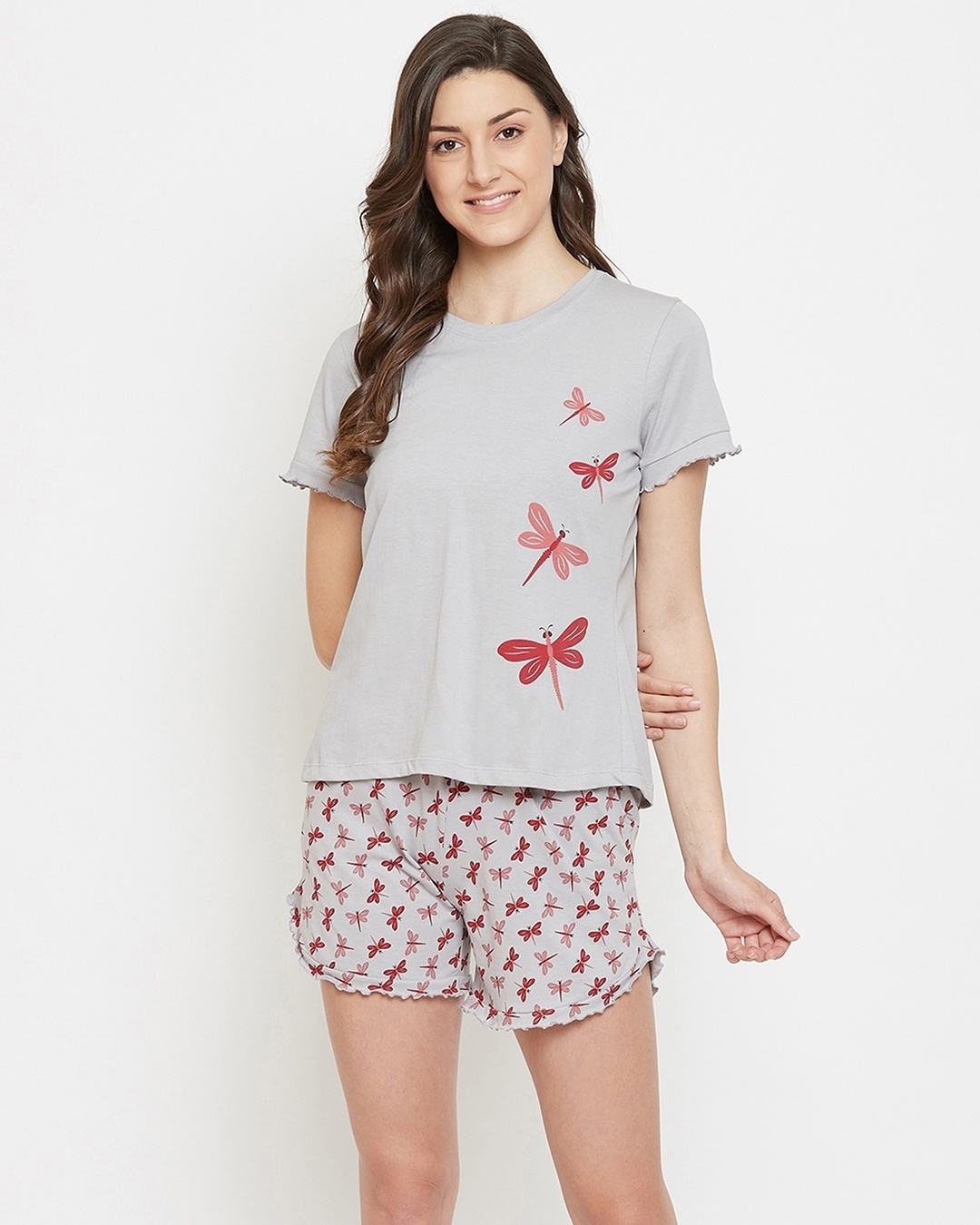 Shop Women's Grey Dragonfly T-shirt & Shorts Set-Front