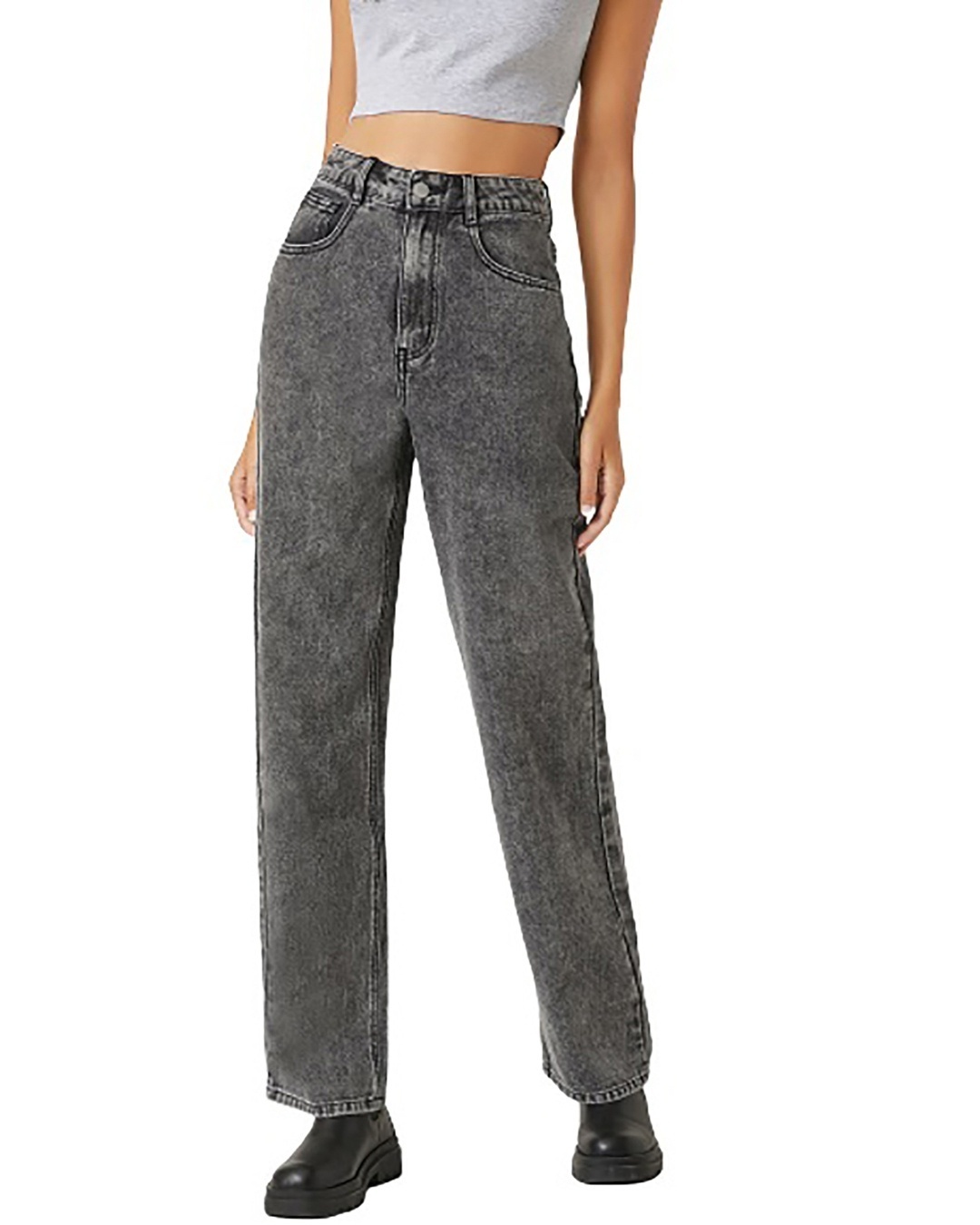 Shop Women's Grey High Rise Loose Fit Jeans-Front