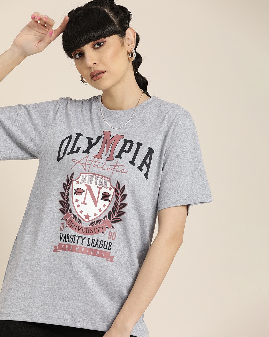 Shop Women's Grey Olympia Typography Oversized T-shirt-Front