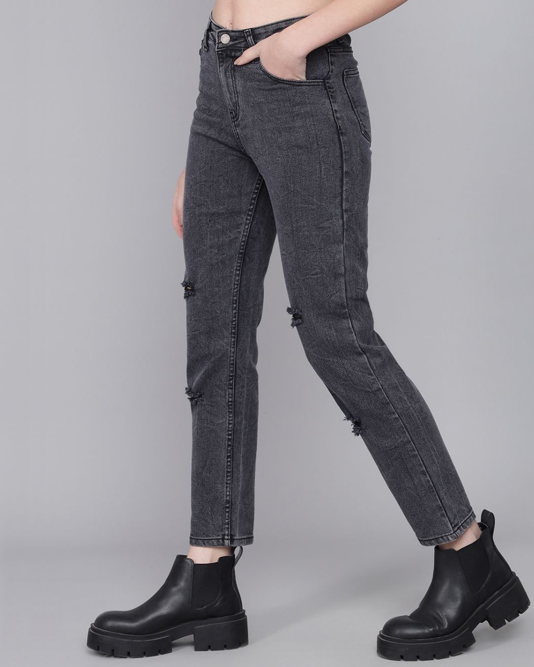 Shop Women's Grey Ripped Slim Fit Jeans-Back