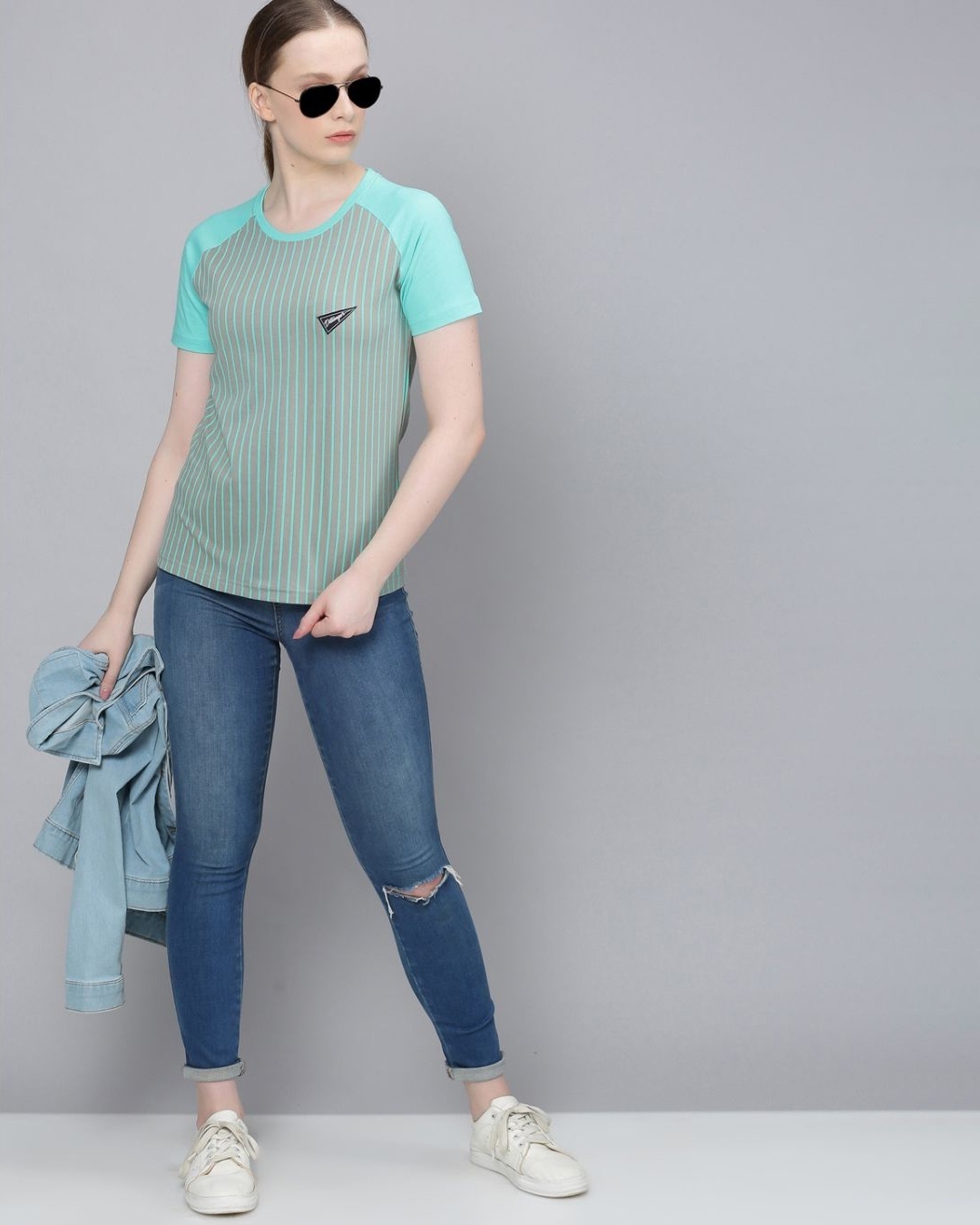 Shop Women's Grey Striped T-shirt