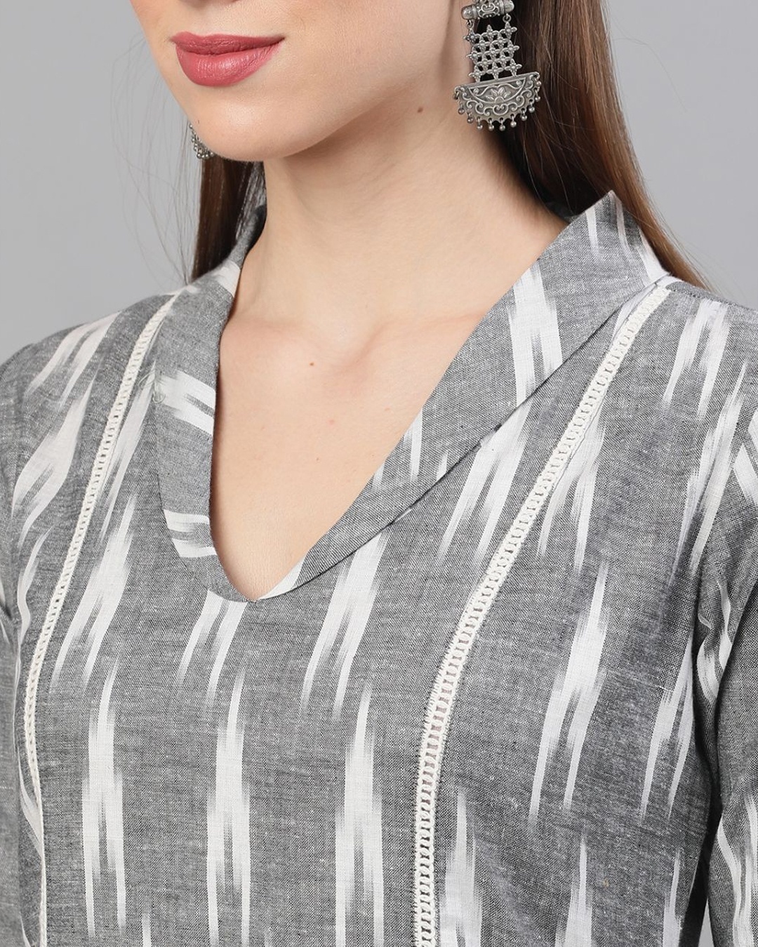 Shop Women's Grey & White Ikat Handloom Woven Design Kurta Palazzo And Dupatta Set