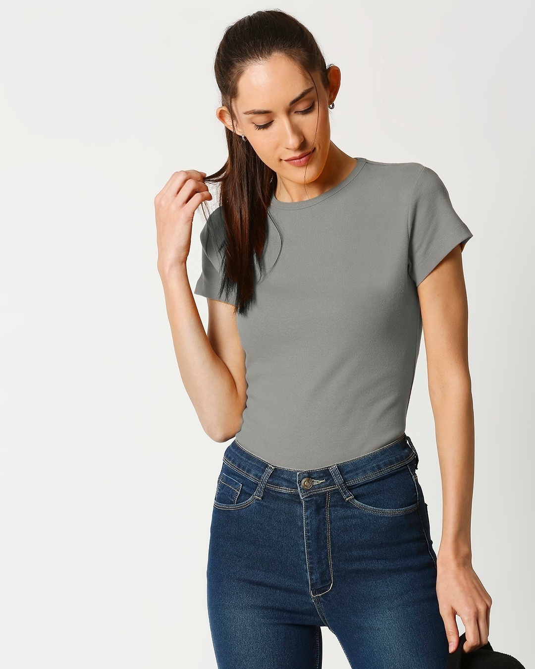 Shop Women's Grey Slim Fit Rib T-shirt-Front