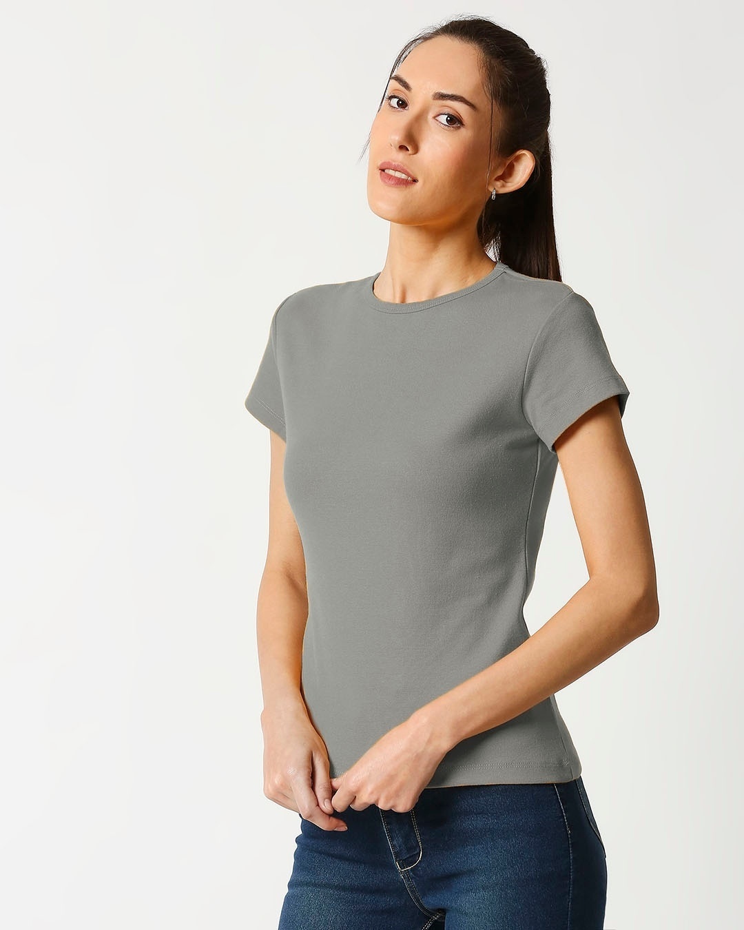 Shop Women's Grey Slim Fit Rib T-shirt-Design