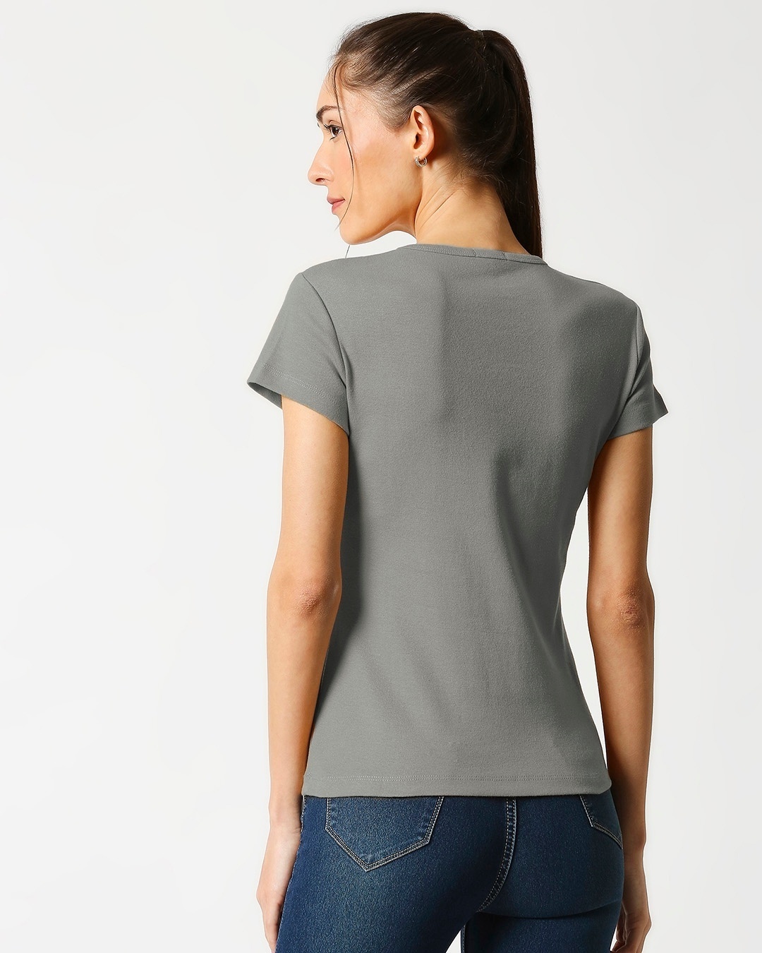 Shop Women's Grey Slim Fit Rib T-shirt-Full