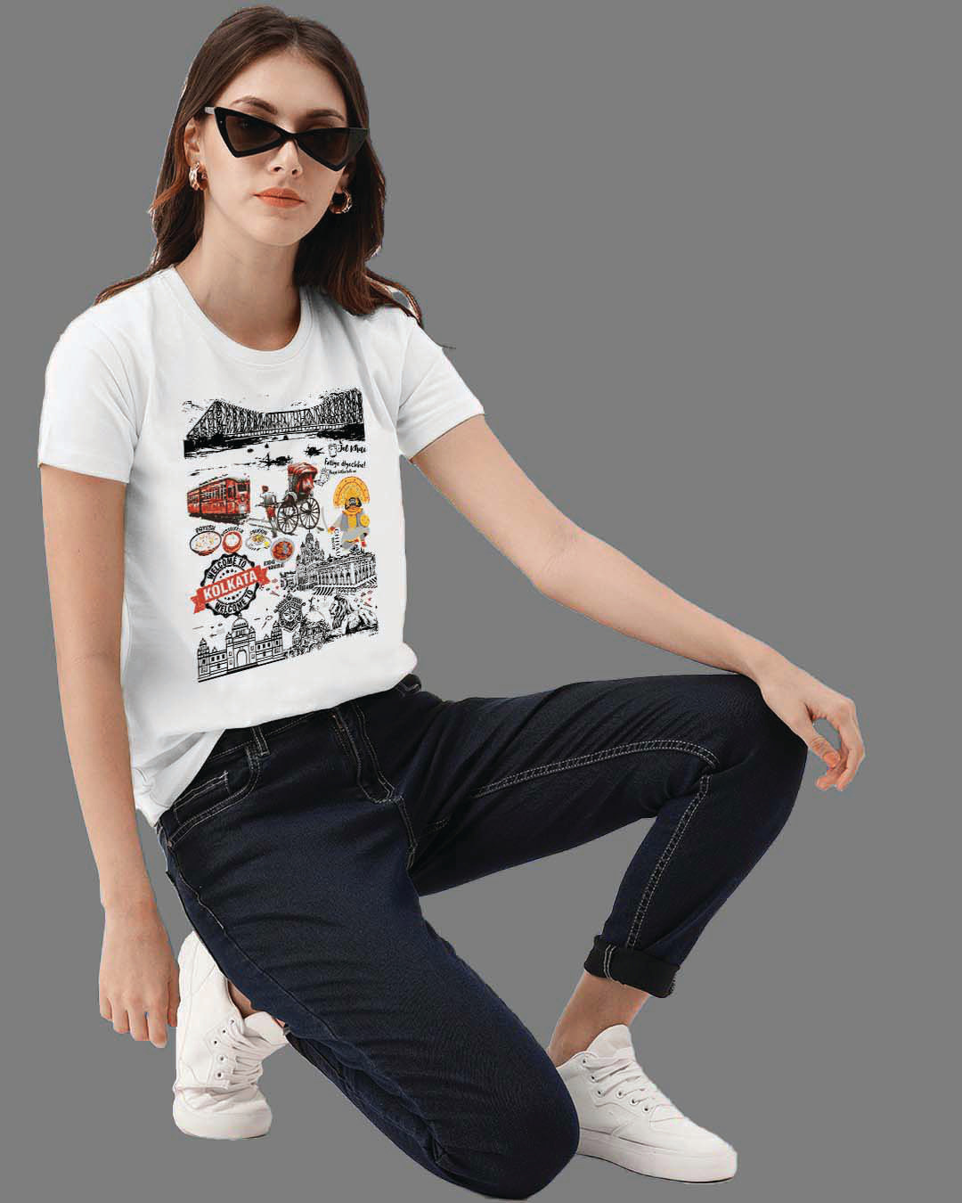 Shop Women's Kolkata Travel Doodle Premium Cotton T-shirt