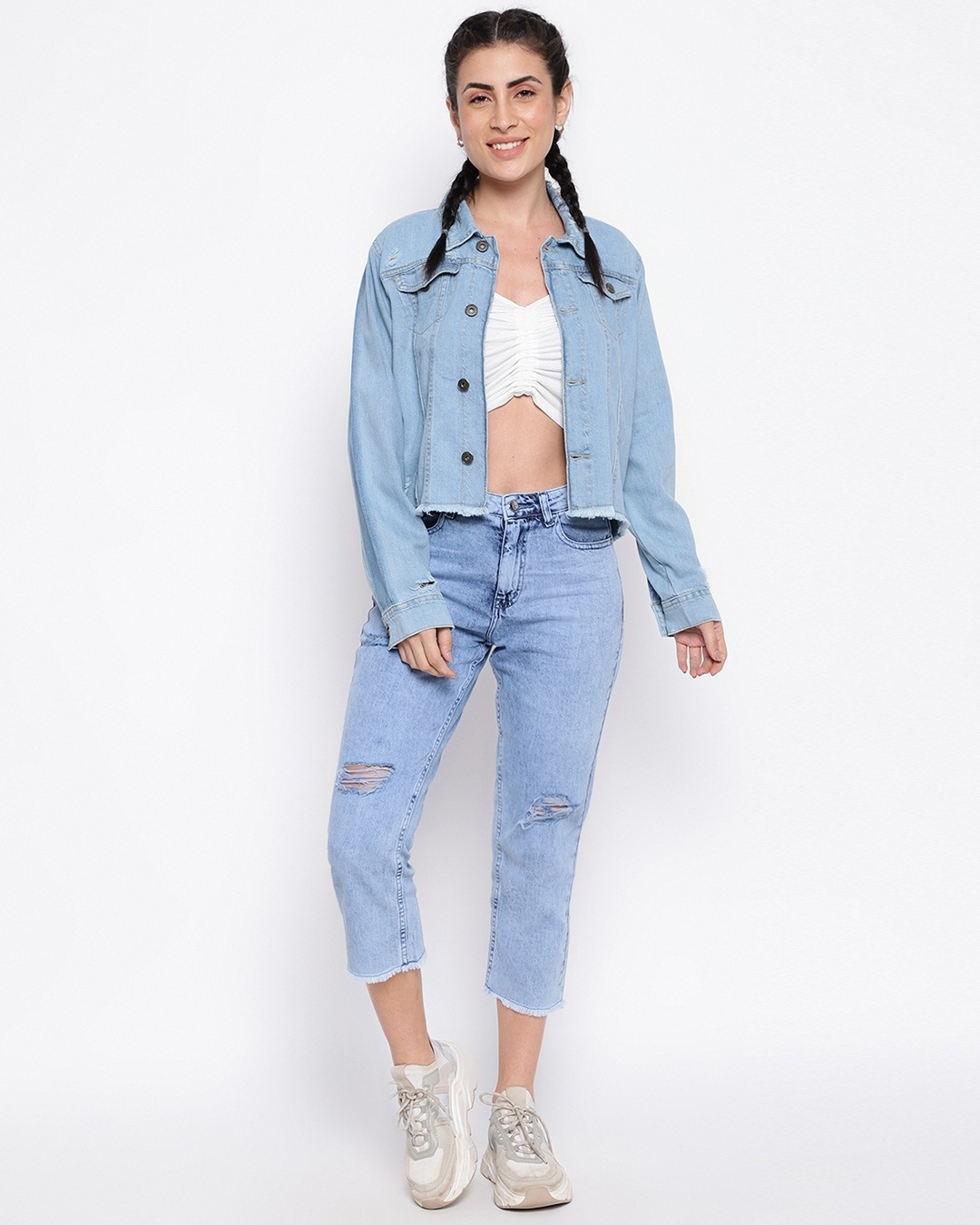 woman styled a denim jacket with shoe and jean 